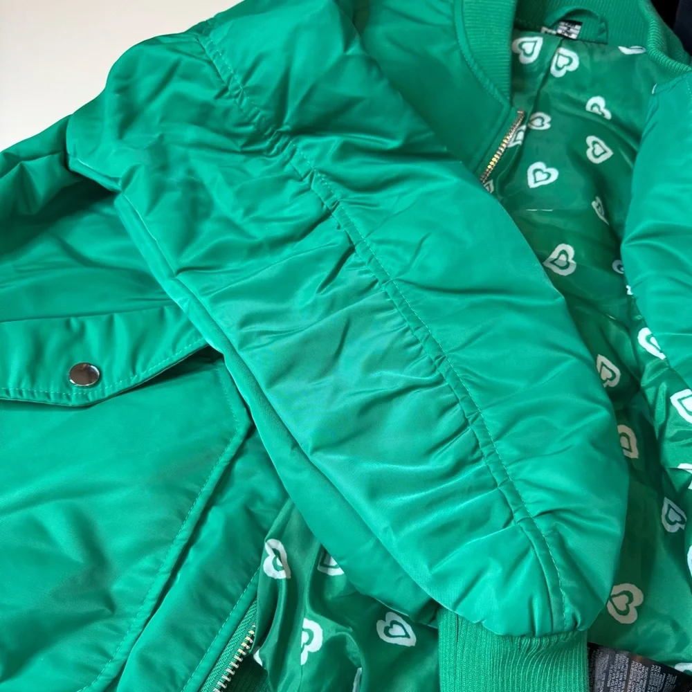 Miss Selfridge ruched sleeve bomber jacket bright green silver zipper size 4 - Picture 13 of 14